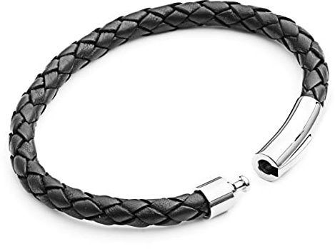 Tribal Steel Black Plaited Leather Bracelet for Men - Mens Standard size 21cm Leather Bracelet with Riveted Stainless Steel Rocker Clasp