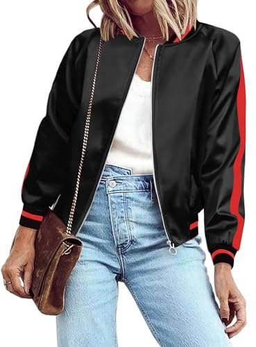 Zeagoo Women's Classic Solid Striped Biker Jacket Zip Up Fashion Bomber Jacket Coat Black Large