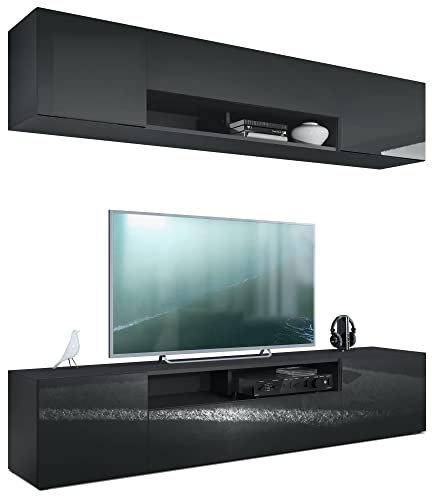 Vladon Wohnwand Mogan, Schwarz matt/Schwarz Hochglanz - Moderne Anbauwand bestehend aus 2 TV-Boards (181 x 147 x 35 cm)