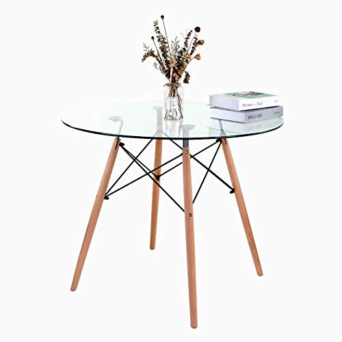 joolihome living Retro Luxury Glass Round Dining Table Eiffel Design Metal Frame 4 Beech Leg with Glass Table Top 90 Dia Surface For Kitchen Dining Room Family Workstation