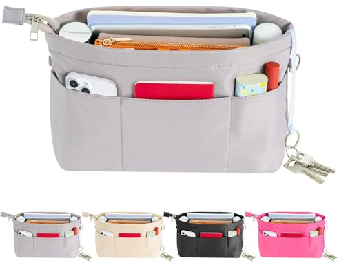 HyFanStr Handtaschen Organizer Nylon, Taschenorganizer Tasche in Tasche Organizer Innentaschen für Handtaschen mit Schlüsselkette,Grau,Mittel