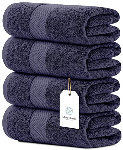 White Classic Luxury Bath Towels Set of 4 Large - 700 GSM Cotton Ultra Soft Bath Towels 27x54 | Highly Absorbent and Quick Dry | Hotel Towels for Bathroom Luxury, Plush Shower Towels, Navy