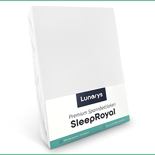 Lunarys® SleepRoyal Luxus Spannbettlaken 270x200 cm - Weiß - 250 g/m² Premium Bettlaken - 40 cm Steghöhe - für hohe Matratzen, Boxspringbett & Matratze + Topper & Wasserbett - Stretch Jersey