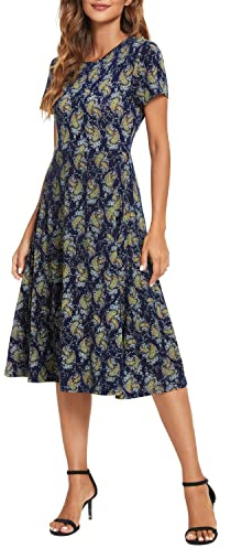Clasico Estampado Floral Cintura Alta Midi Vestido de Mujer Elegante Manga Corta Largo Vestido (L, 17)