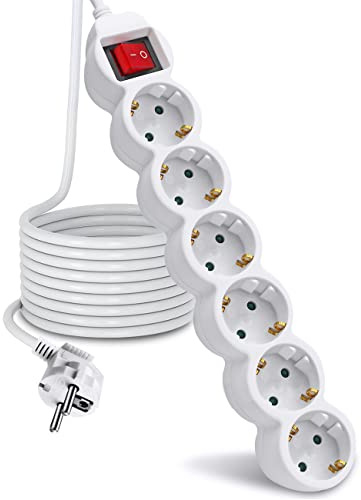 EXTRASTAR Regleta Alargador de 5 Metros con 6 Enchufes e Interruptor, para el hogar, Oficina y Viajes, Blanco 1Pc
