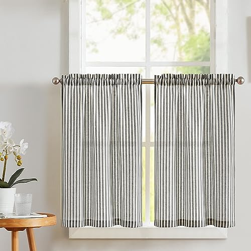 Vangao Streifen Scheibengardinen Bistrogardine 2er Set 65Bx60Hcm Schwarz | Gestreifte Scheibengardinen Lichtdurchlässig Landhausstil, Gardine Kurz Modern für Küchen Wohnzimmer Schlafzimmer Wohnwagen