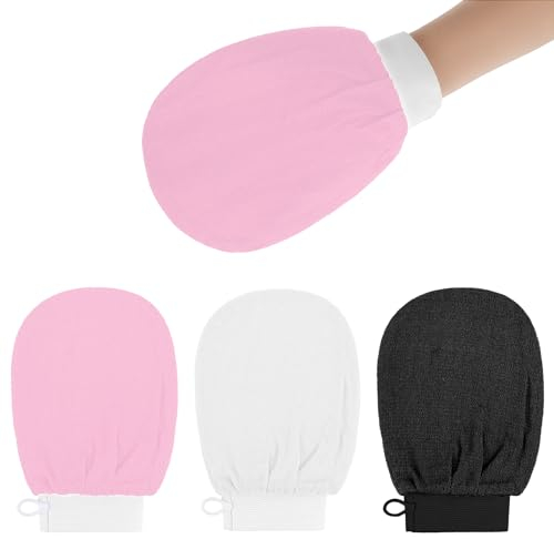 Exfoliating Gloves, 3Pcs Body Scrub Glove Bath SPA Exfoliating Mitts, Dual-Sided Deep Clean Exfoliation Scrubbing Mitt, Dead Skin Remover Glove Deep Body Scrubber for Women and Men(Pink)
