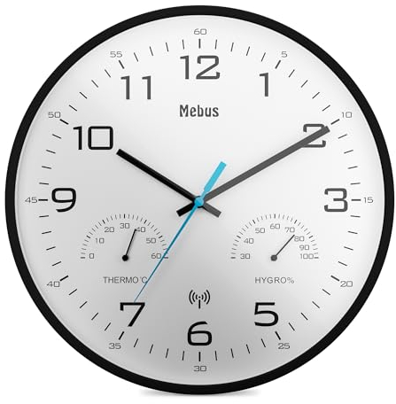 Mebus Horloge Murale Radio-pilotée Moderne avec Affichage de la température et de l'humidité, 30 cm, Horloge Radio-pilotée, Salon, Horloge de Cuisine/modèle : 52840 / Couleur : Noir