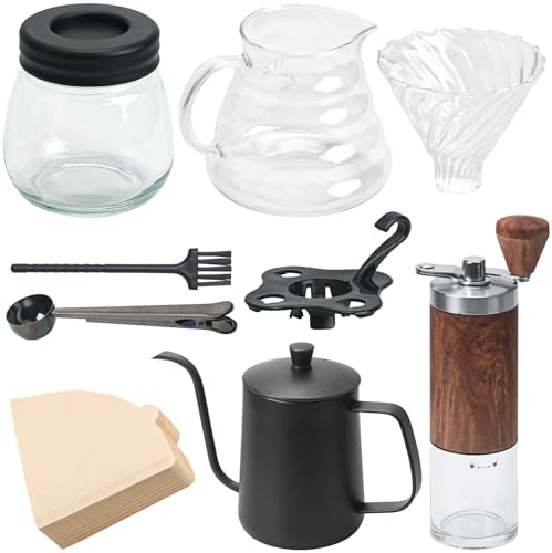 FEIGO Set di Macinacaffè Manuali da 7 Pezzi,Versare sopra la caffettiera con set di bollitore,Macinacaffe Portatile Professionale,Grado di Rettifica Regolabile,Per l'ufficio domestico (100 filtri)