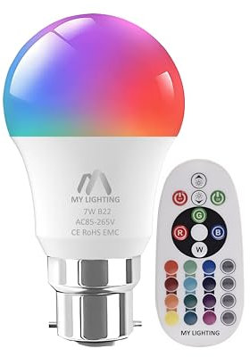 My Lighting 7W B22 LED Bulb | Color Changing RGB + Warm White | Dimmable Bayonet Cap with Remote Control | 16 Million Colors, 806 Lumens | Energy Efficient Mood Lighting for Home Décor (1 Pack)