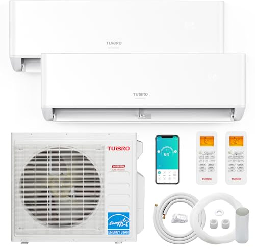 TURBRO 27,000 BTU Dual Zones Mini Split AC/Heating System, R454B, Ductless Multi Zones Inverter Mini Split Air Conditioner with Heat Pump, 24 SEER2, WiFi Enabled, Greenland (9K+18K), 230V