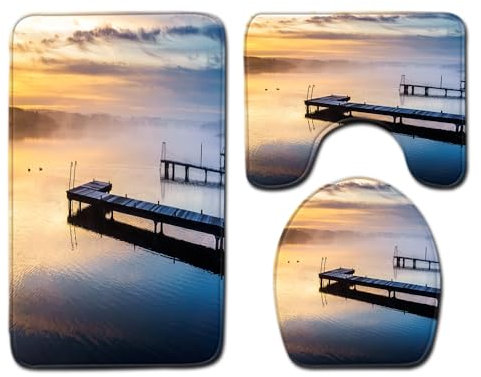Bad Teppiche Set 3-Teiliges Gelbe Blaue Wolken WC Vorleger Mit Ausschnitt Badematte Saugfähig WC Deckelbezug Badvorleger rutschfest Waschbar Toilettensitzbezug Badgarnitur (50x80cm)