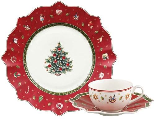 Villeroy & Boch Toy's Delight Kaffeeservice 18-teilig, Frühstücksteller (25 cm) und Kaffeetassen mit Untertassen (170 ml), Weihnachtliches Kaffeegeschirr, Premium Porzellan, Rot