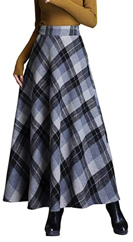 Rock Damen Lang Elegant Kariert Winterrock Wollrock Hohe Taille Maxirock A-Linie röcke Herbst Faltenrock Grau L