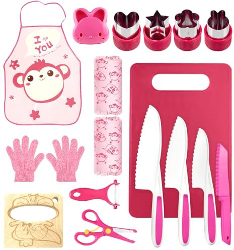 Dhnvcud Kit Cuisine Enfant - 16 Pièces, Couteau Enfant, Ustensiles Cuisine pour Enfants, Couteaux Montessori, Gants de Protection, Planche à Découper, Idéal pour Petits Chefs
