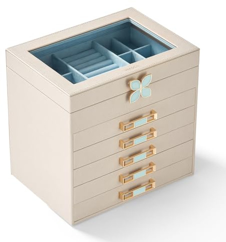 Vee Schmuckkästchen Groß,Schmuckkasten mit 6 Ebenen, Schmuck Organizer mit Glasdeckel, 5Schubladen,für Halsketten, Ohrringe, Uhren, Armbänder (Grau 6 Ebenen)