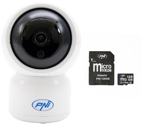 PNI IP390T 1080P - Kit telecamera di sorveglianza con PTZ WiFi H264 + scheda di memoria MicroSD da 128 GB con adattatore SD