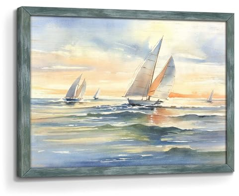 Framed Ocean Sailboat Wall Art: Sea Sail Boats Wooden Picture Painting Print Sunset Nautical Sailing Seascape Artwork Decor for Bathroom Home Office Room