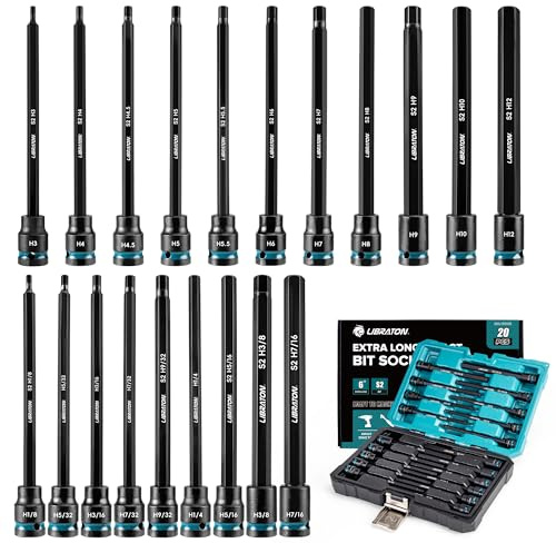 LIBRATON 3/8 Drive Long Impact Hex Bit Socket Set, Allen Bit Sockets, S2 Steel Hex Head Sockets, 20PCS Allen Wrench Socket, SAE&Metric Allen Bit Socket Set, 6 Long Allen Key Socket, Blow Molded Box