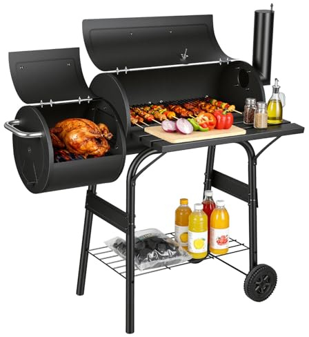 Jiubiaz BBQ Smoker, Tauch-Holzkohlegrill | Räuchern und Grillen in einem | Mit Thermometer, verstellbarem Abzug und Abluftkamin | Mit Holzablagen und Regalen