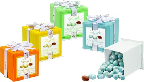 Vanolr Cubotto Primavera in Velluto, Confezione di Colori Assortiti tra Verde, Azzurro, Giallo e Arancio con Ovetti di Cioccolato al Latte con Ripieno alla Nocciola 315g