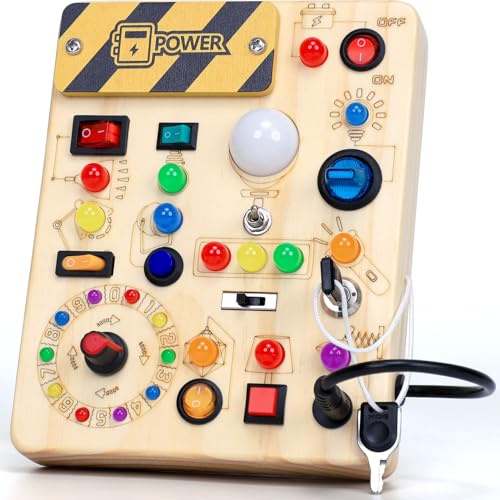 Montessori Spielzeug Busy Board ab 1 Jahr Activity Board aus Holz | Motorikspielzeug mit, 13 Schaltern 24 LED-Leuchten, Lernspielzeug für Kinder 1-3 Jahre Baby Spielzeug, Geschenk