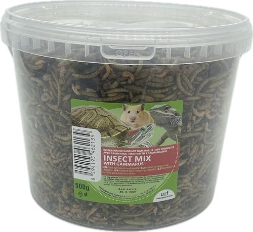 UGF - Insektenmischung mit Gammarus - 500g im 3 Liter Eimer, Igelfutter, Rennmausfutter, Hamsterfutter, Rattenfutter, Eidechsenfutter - Mehlwürmer, Soldatenfliegenlarven, Seidenraupen, Gammarus