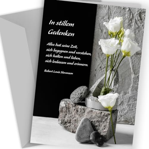 1 Trauerkarte Beileidskarte Trauer mit Text und Umschlag Beileid Klappkarte mit Spruch Beerdigung Anteilnahme stilvoll weiße zarte Blume und Stein Kondolenz Kondolenzkarten zum Abschied