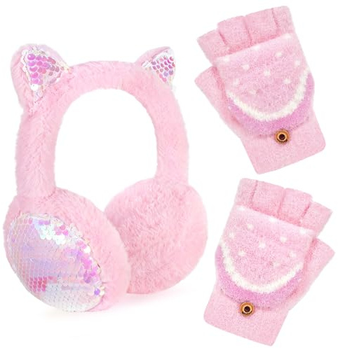 BTHRORO Set di Paraorecchie Guanti per Ragazze, Scaldaorecchie in Peluche Invernali Regolabili Paraorecchie Guanti Senza Dita per Bambini l'esterno e il Freddo