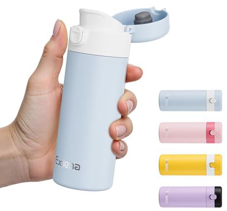Exllena Kleine Thermosflasche 220ml mit Einhand-Flip-Deckel - Mini Thermosflasche aus Edelstahl, 100% Auslaufsicher, perfekte kleine Trinkflasche für Kaffee, Milch...(Gletscher-Blau)