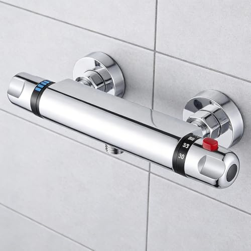 Grifo de ducha con termostato, termostato de ducha empotrado, batería de ducha termostática con botón de seguridad de 38°C, mezclador de ducha cromado, grifo de ducha de latón