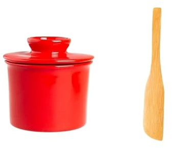 GLigeT Versatile Round Butter Box Ceramic Storage Jar Cheese Cup Knife Kitchenware Practical(Red)