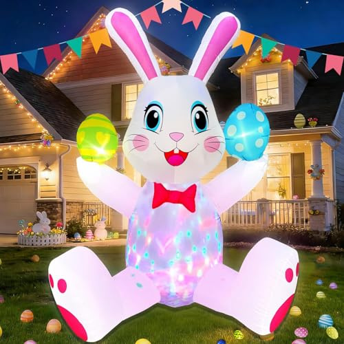 BLOWOUT FUN 6FT Inflatable Easter Bunny with Egg Decorations Built-in LED Colorful Lights Blow Up Yard Decor for Spring Holiday Party Indoor Outdoor Garden Lawn Patio Decoration