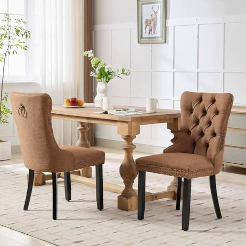 Kiwaou Modern Tufted Solid Wood Dining Chair Set, Contemporary Linen Upholstered with Wood Legs and Nailhead Trim, 2-Pieces, Coffee Color