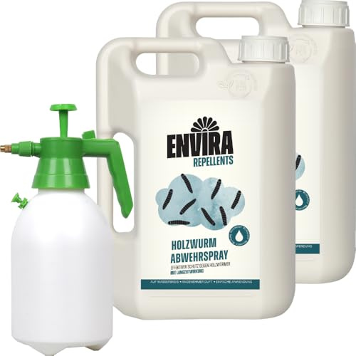 Envira Holzwurm Abwehrspray 2 x 2 Liter + 2L Sprüher - Spray mit Langzeitwirkung gegen Holzbock & Holzwurm - Mittel gegen Holzwürmer für innen - Effektives Holzwurmmittel & Holzwurmschutz