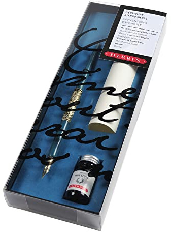 Herbin 28500T - Un set ''Ecriture au XIXème siècle'' comprenant un porte-plume, une plume Cito fein, une feuille de Vélin,un flacon d'encre Vert empire et une notice 27 x 8,50 x 2,50 cm