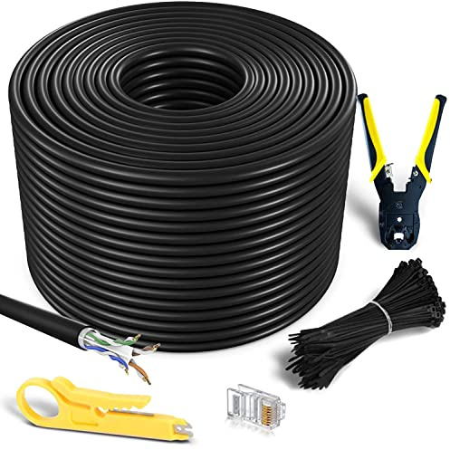 MutecPower CAT6 200m Außen Verwendung wasserdicht - CCA - Direct Burial Ethernet Netzwerkkabel - 250 MHz - Mit Crimpzange, 50 RJ45 PCS und kabelbinder - Schwarz 200 Meter