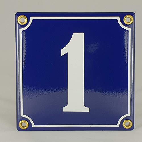 Emaille Schild Hausnummer 1 Blau-Weiß Handarbeit