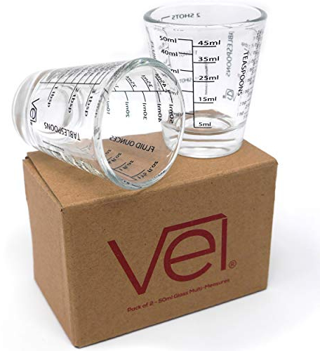 Vel. 50ml Glass Mini Measures - Shots, Milliliters, Tablespoons, Teaspoons, Fluid Oz (Pack of 2)