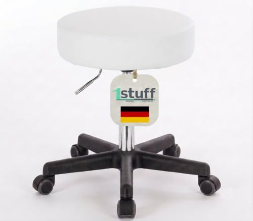 1stuff XL Profi Rollhocker, 40cm Sitzbreite, Sitzhöhe bis 70cm, Weiß | 1stuff-Qualität vom Fachhändler, Studiohocker höhenverstellbar, Drehhocker 360°, Bürohocker, große Sitzfläche, PU-Rollen