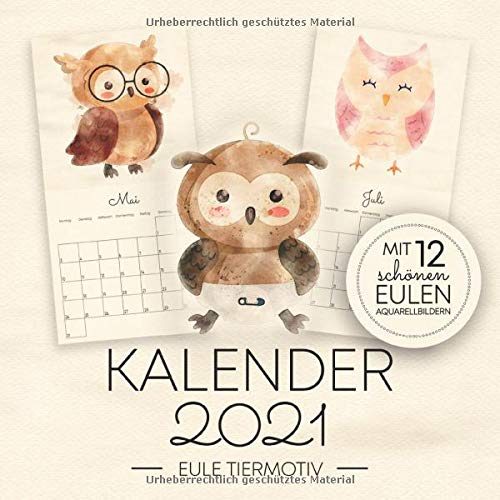 Kalender 2021 - Eule Tiermotiv - Mit 12 Schönen Eulen Aquarellbildern: Wandkalender 2021 Vögel Tiere für Kinder und Erwachsene im Vintage Stil - Monatskalender 2021 - Motiv: Eulen Aquarell