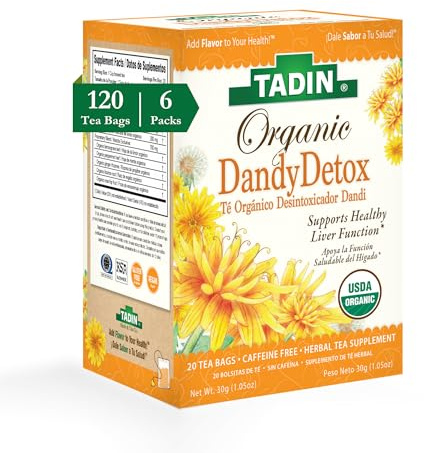 Tadin Organic Dandy Detox Tea with Dandelion Root for Liver Support,Caffeine Free Herbal Tea, 20 Tea Bags Per Box, Pack of 6