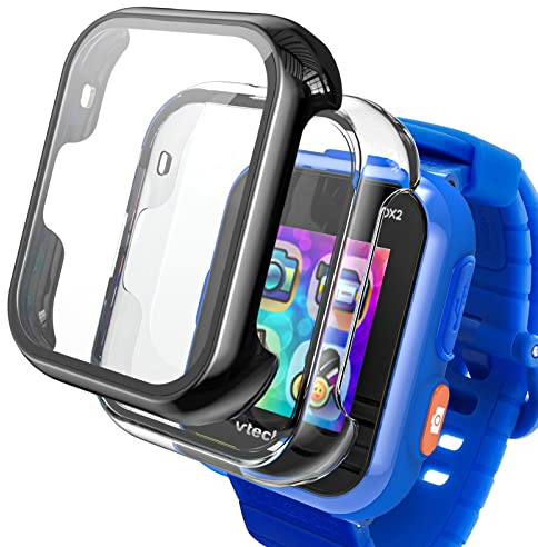 Keepamor 2 Pack Screen Protector Only Compatible with VTech Kidizoom Smartwatch DX2 Kids Hard Case with Tempered Glass Ultra-Thin Overall Protective Cover for Boys and Girls, Black+Clear