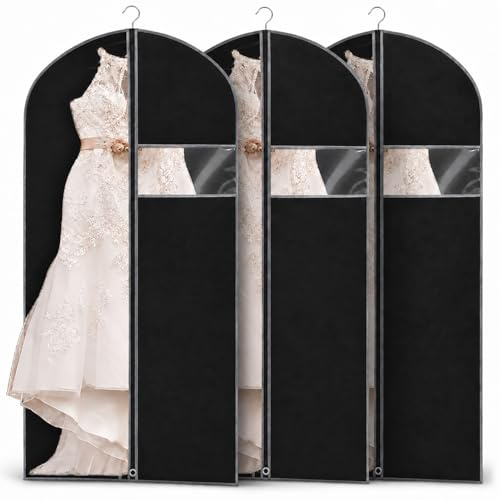 Dress Bag Covers Long, URMI Breathable 60 x 183cm (3 PCS) Hanging Wedding Dress Bridesmaid Dress Bags for Gowns Prom Bridal Garment Bags with Clear Window Moth Proof Clothes Cover Storage Bag Black