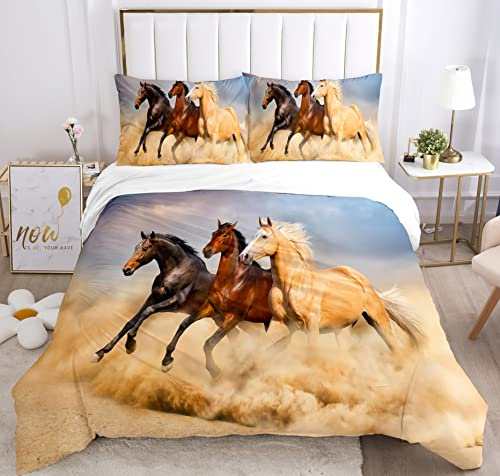 IUNTWEIE Bed Linen Sets, Horse Motif 3D Animal Pattern Bed Linen Children's with Zip, Soft, Comfortable and Breathable Microfibre Bedding Set with Duvet Cover and Pillowcase (Horse 1, 135 x 200 cm)