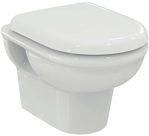 Ideal Standard - Exacto, Inodoro suspendido sin borde que ahorra espacio, Inodoro en forma de D con asiento de cierre lento, Embalaje E dedicado al transporte de cerámica, Blanco