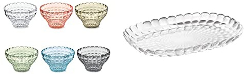Guzzini Fratelli, Set 6 Copette, Tiffany, Multicolore, 12 cm & Vassoio a Servire Piccolo Tiffany, Trasparente, 32 x 22.5 x h3 cm