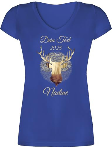 T-Shirt Damen V Ausschnitt - Kompatibel Oktoberfest - Tag Cloud - Hirsch und Name in Gold - L - Blau - trachtenshirt Trachten personalisierte Tshirt bayrisches Outfit Tracht goldenem Shirt