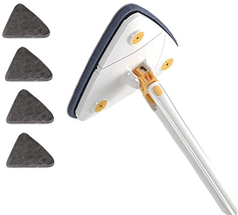 Trapeador de limpieza triangular de 360 grados giratorio, ajustable, multifuncional, para apretar y tirar (trapeador azul + 4 paños de fregona) (blanco)