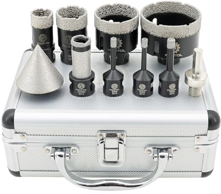 FOCSTOL Punte per Trapano Diamantate - 10 pezzi (6/6/8/25/35/50/68mm+20mm Fresa+50mm Punte per Smusso+Adattatore Codolo Esagonale) per Porcellanato Piastrelle Ceramica Marmo Granito